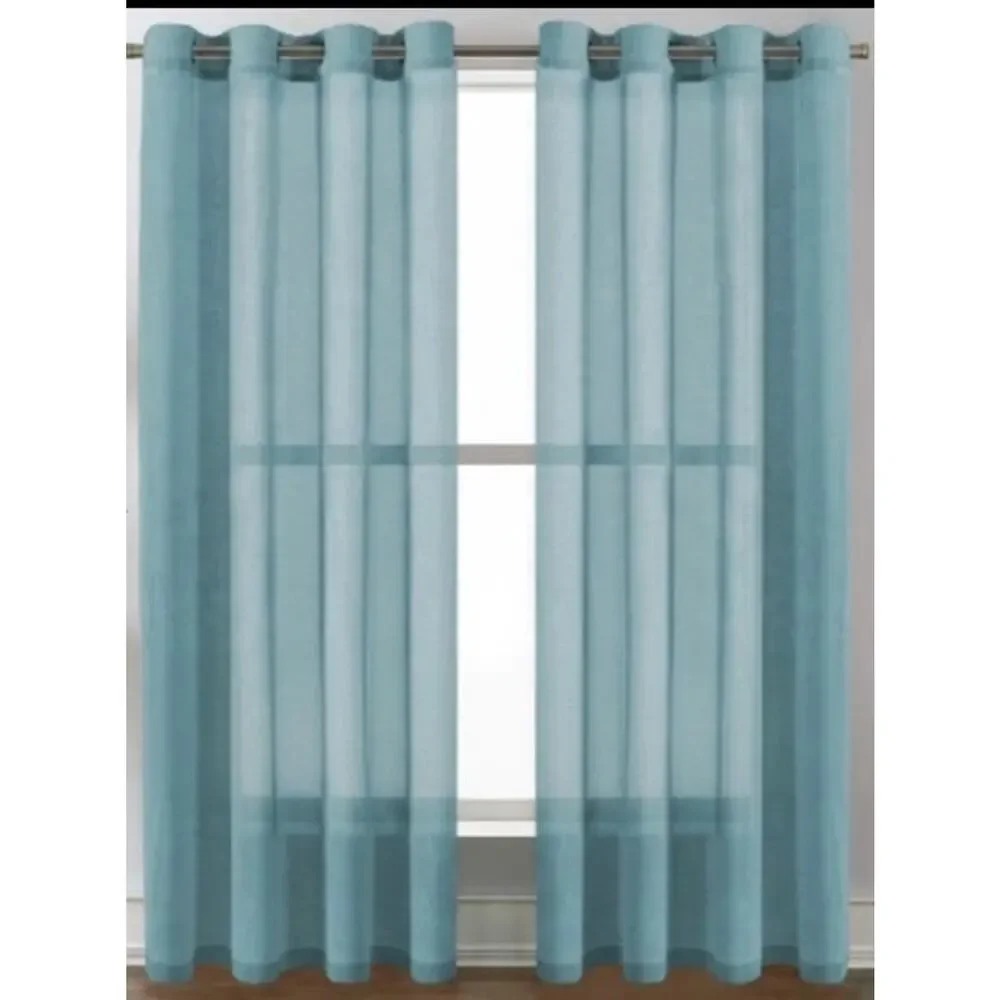 Teal Linen Blend Curtain Panels 52 x 84” Silver Grommets Sheer Curtains